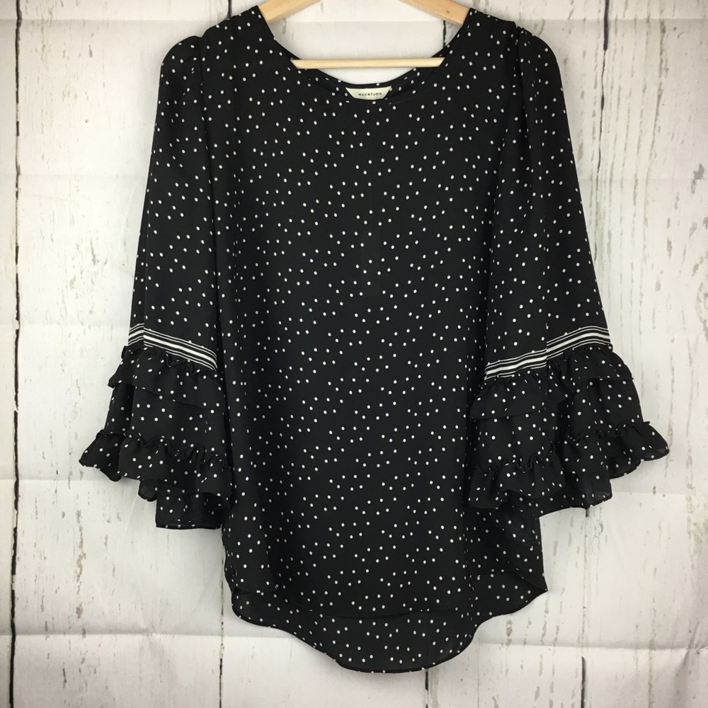 Max Studio Black Polka Dot Ruffle Blouse Sz M